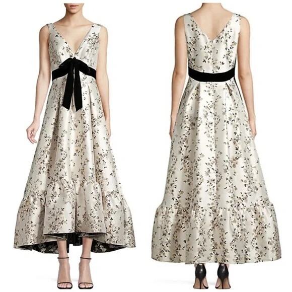 Shoshanna Meadow Ivory Satin Floral Metallic Black Bow Sleeveless Gown Sz 4